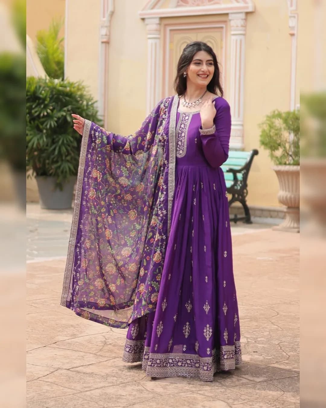 Chinon Gown with Rich Sequins Embroidered Work & Kalamkari Printed Dupatta