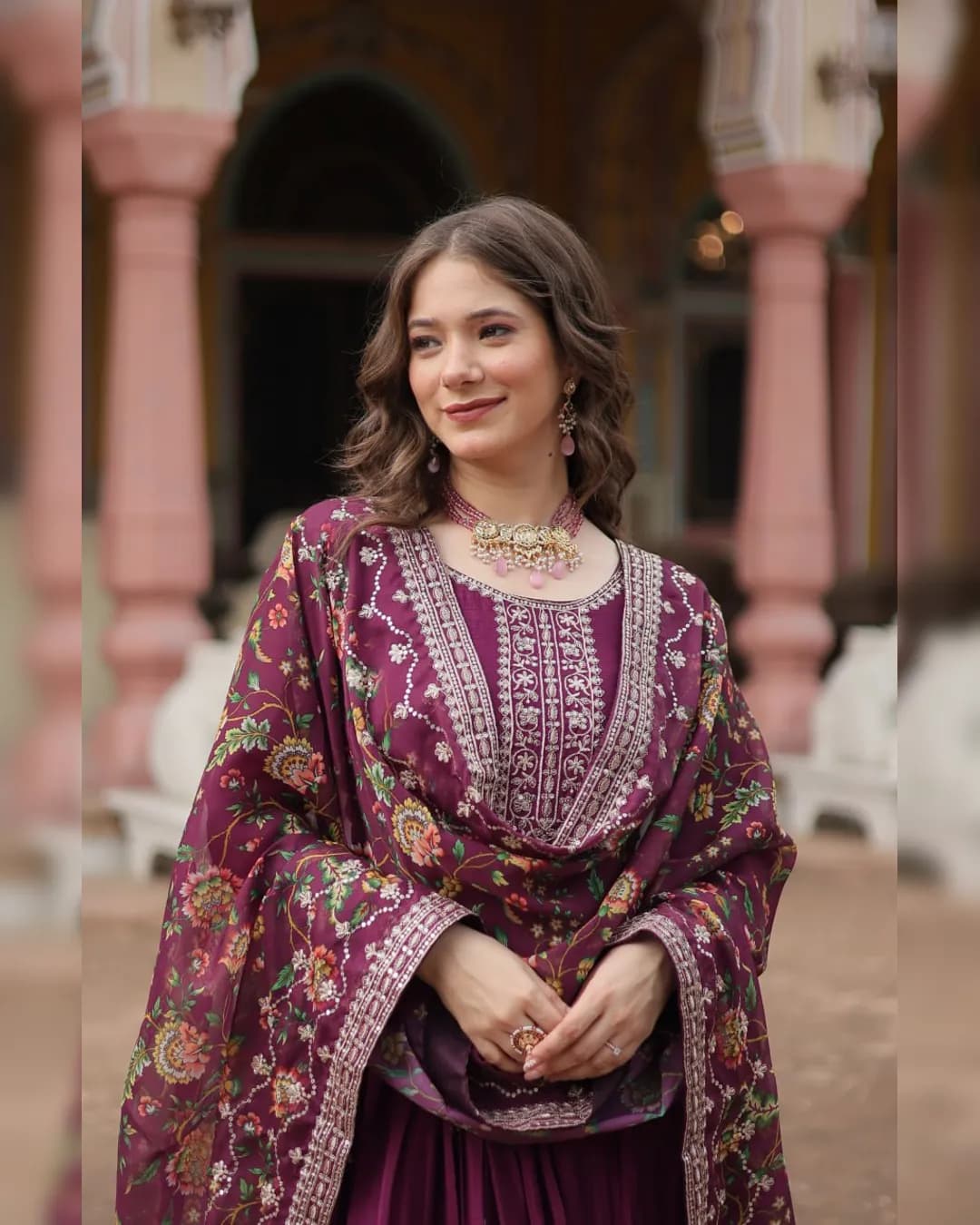 Chinon Gown with Rich Sequins Embroidered Work & Kalamkari Printed Dupatta alternate view