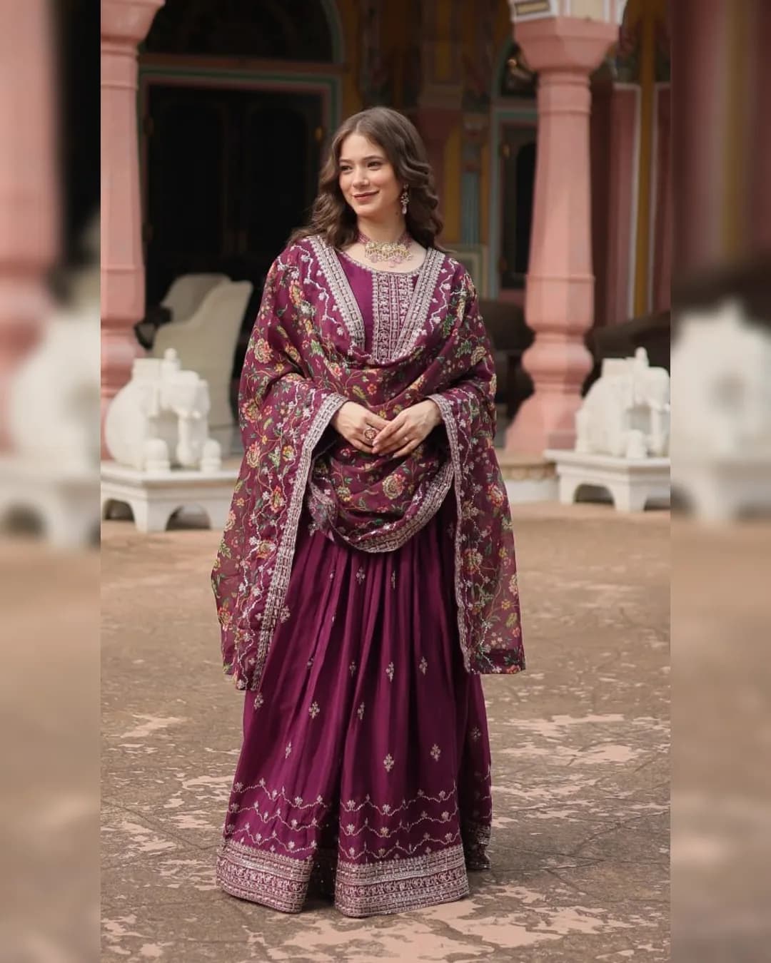 Chinon Gown with Rich Sequins Embroidered Work & Kalamkari Printed Dupatta
