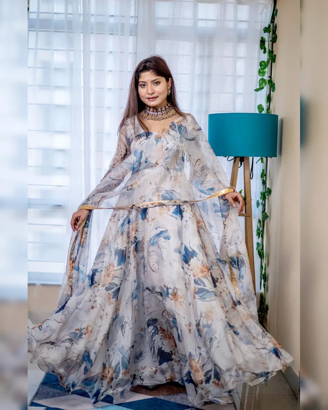 Stunning Organza Taby Silk Gown with Dupatta and Pant – Perfect Party Wear