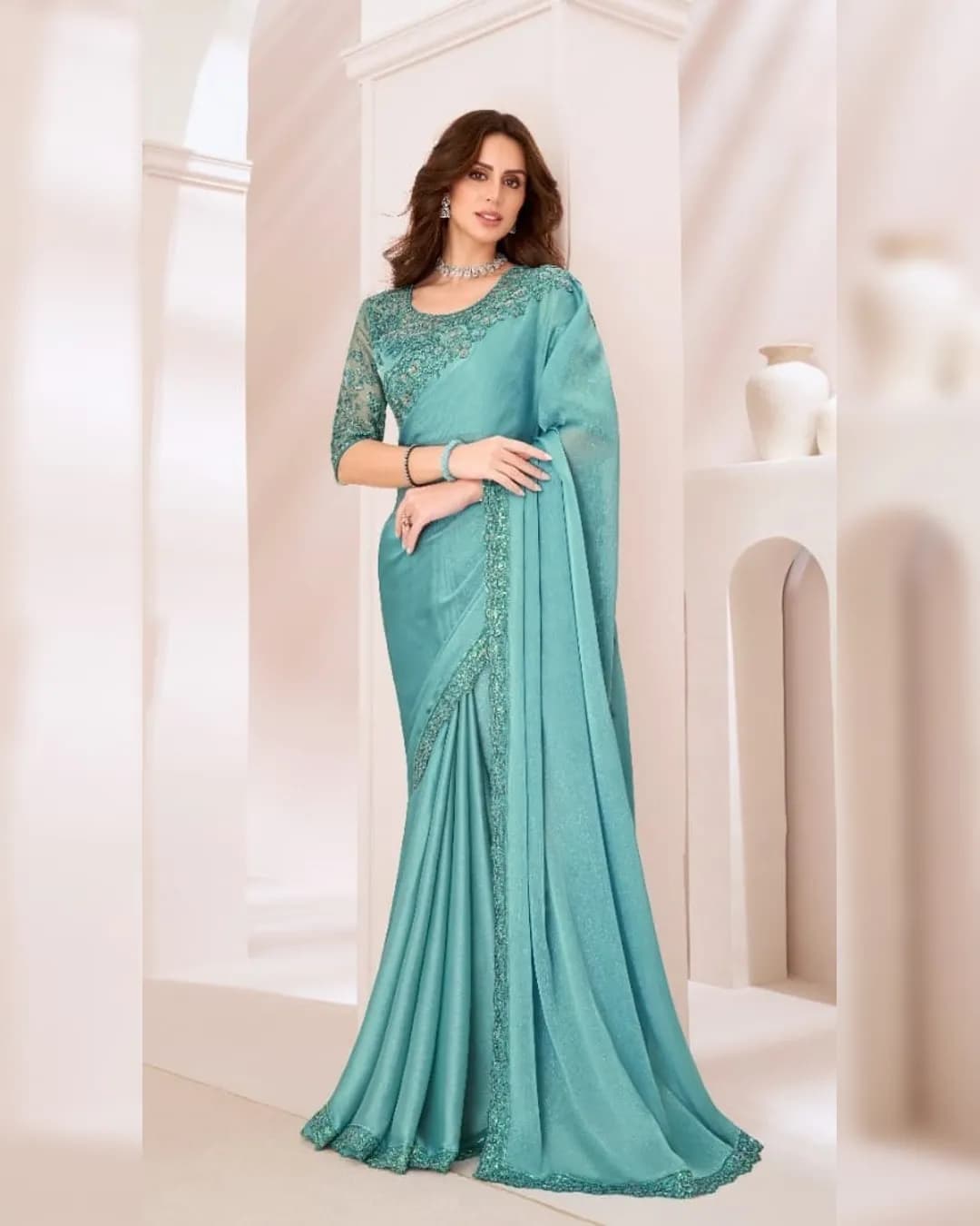 Majestic Sartin Georgette Silk Party Wear Saree with Banglori Silk Blouse