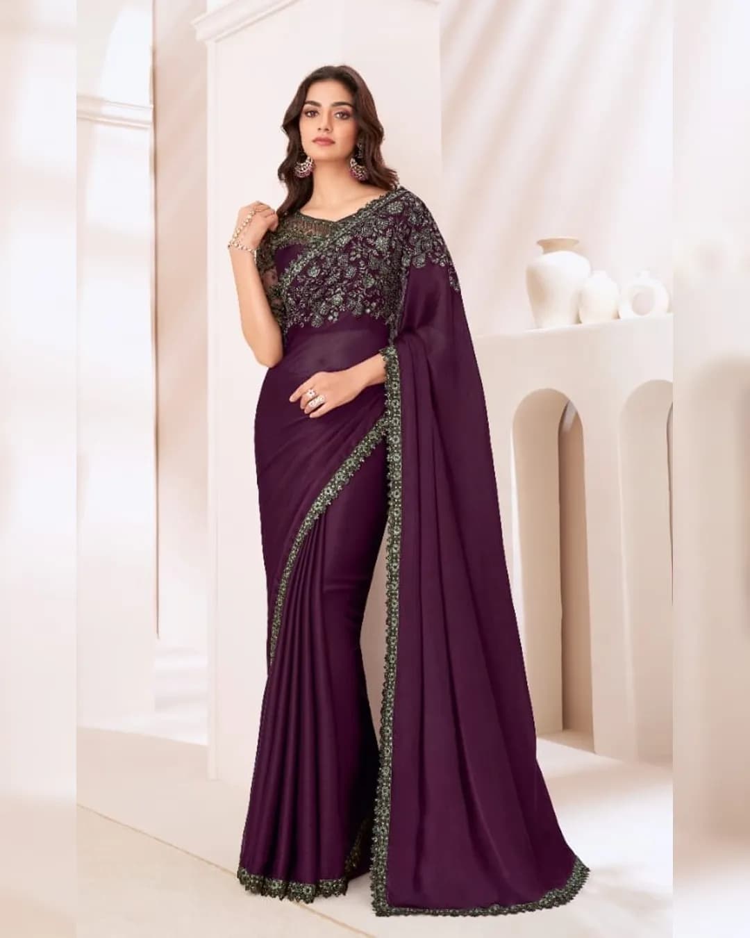 Cherry Sartin Chiffon Party Wear Saree with Sartin Silk Blouse
