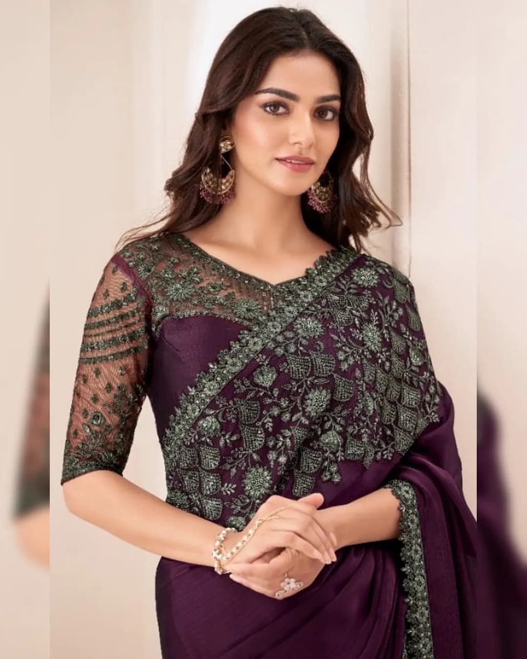 Cherry Sartin Chiffon Party Wear Saree with Sartin Silk Blouse alternate view