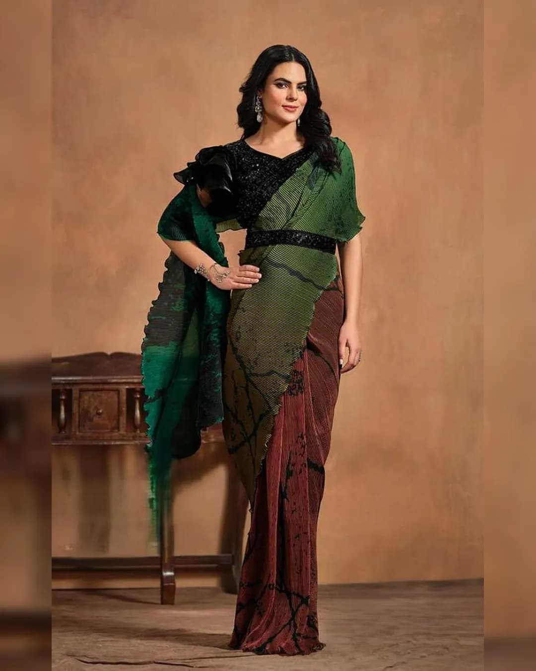 Elegant Pure Satin Silk Ready-To-Wear Saree with Tissue Blouse & Belt