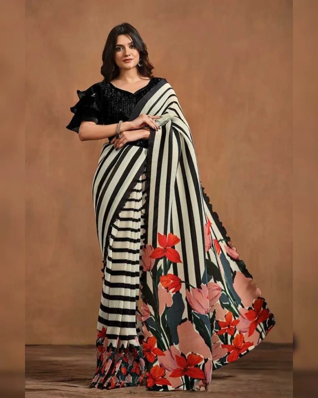 Elegant Pure Satin Silk Ready-To-Wear Saree with Tissue Blouse And Belt