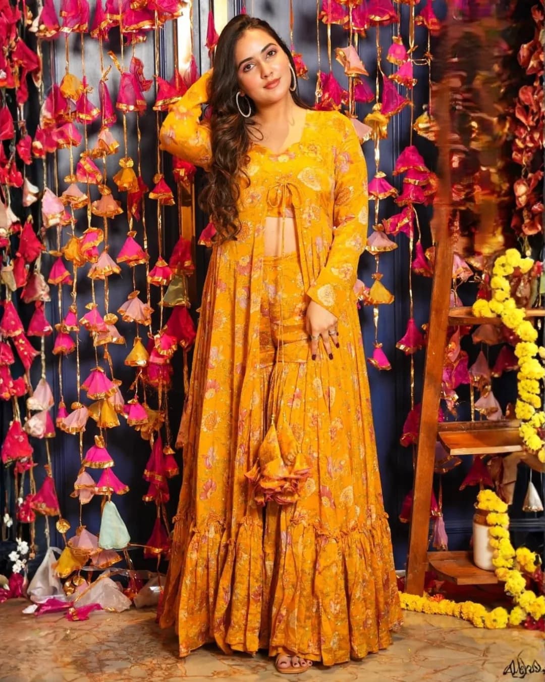 Stunning 3-Piece Koti Style Indo-Western Suit – Crop Top, Sharara & Shrug Set