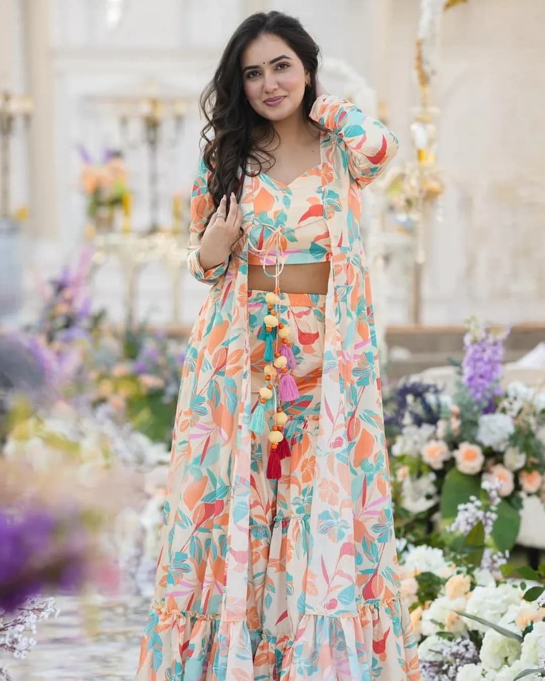 Stunning 3-Piece Koti Style Indo-Western Suit – Crop Top, Sharara & Shrug Set alternate view
