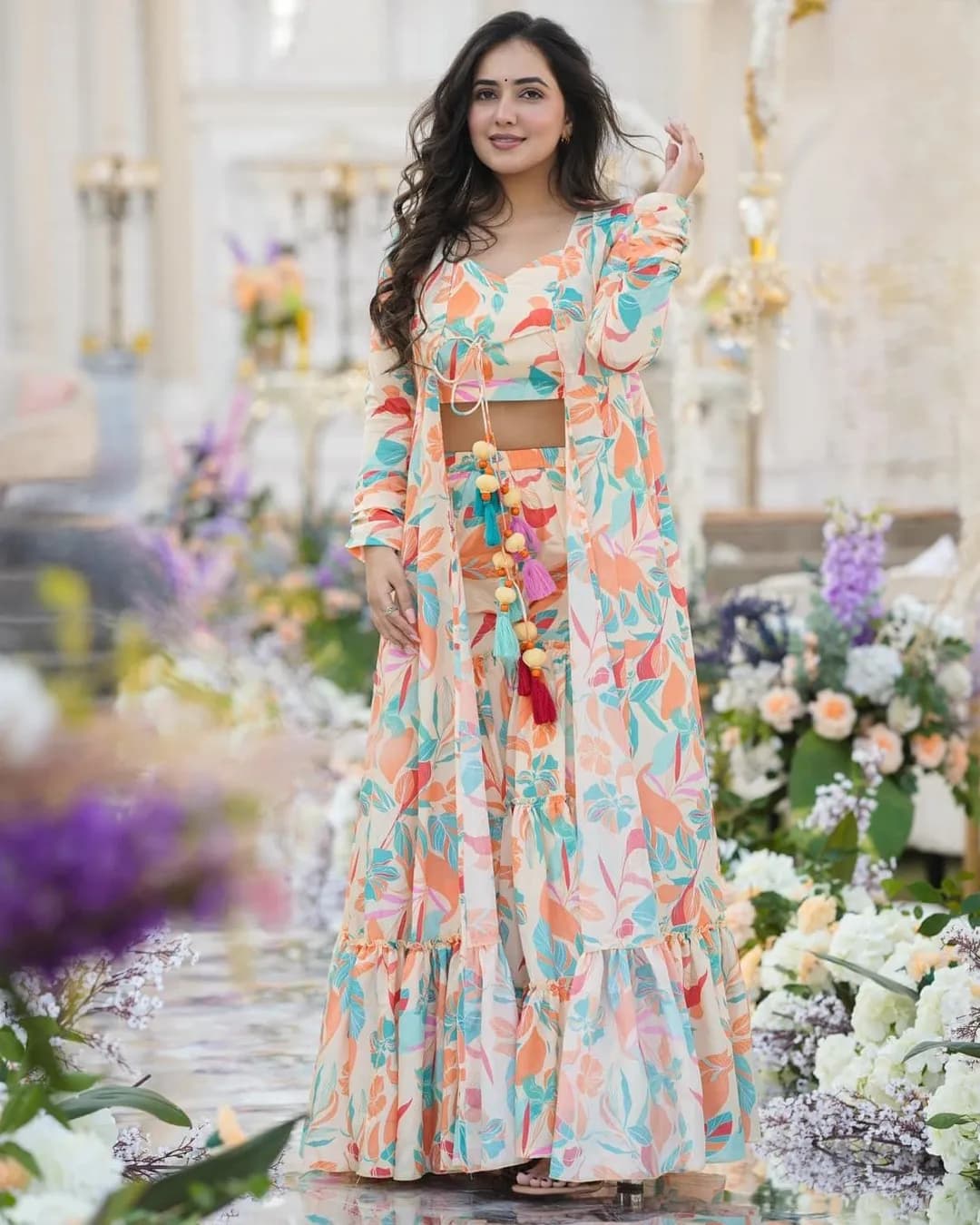 Stunning 3-Piece Koti Style Indo-Western Suit – Crop Top, Sharara & Shrug Set