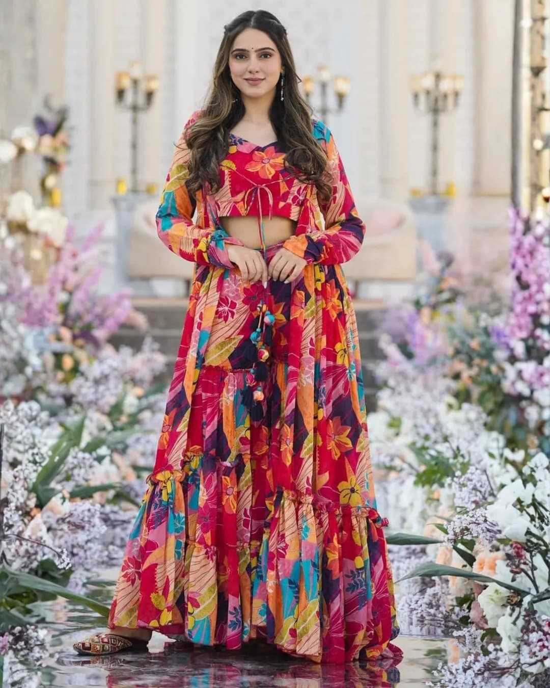 Stunning 3-Piece Koti Style Indo-Western Suit – Crop Top, Sharara & Shrug Set
