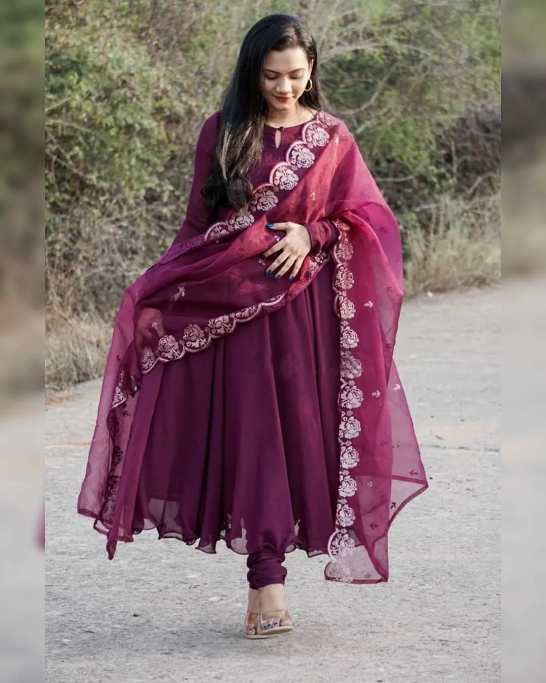 Wine Rose Embroidered Gown with Dupatta