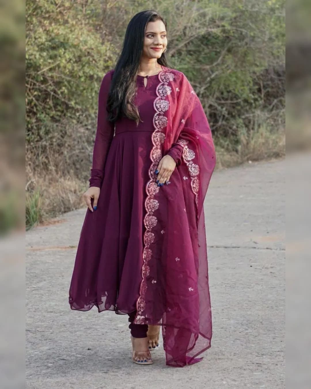 Wine Rose Embroidered Gown with Dupatta alternate view