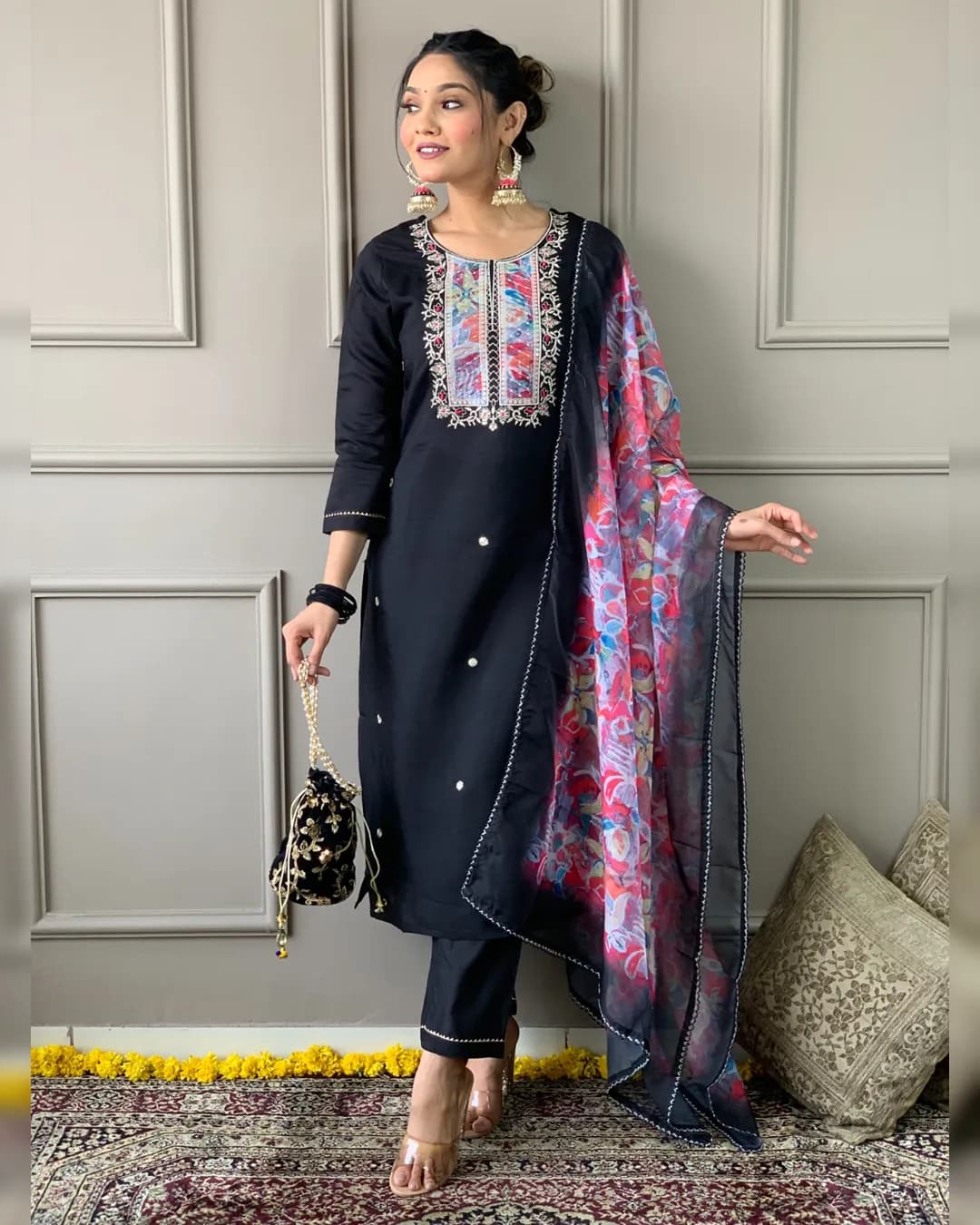 Women's Black Rayon Slub Embroidered Kurta Set with Organza Printed Dupatta