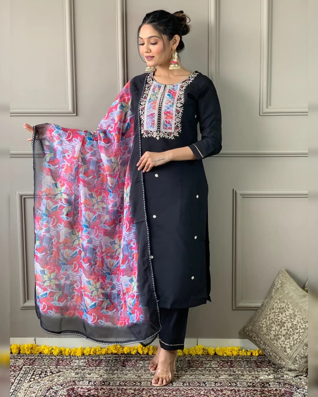 Women's Black Rayon Slub Embroidered Kurta Set with Organza Printed Dupatta alternate view