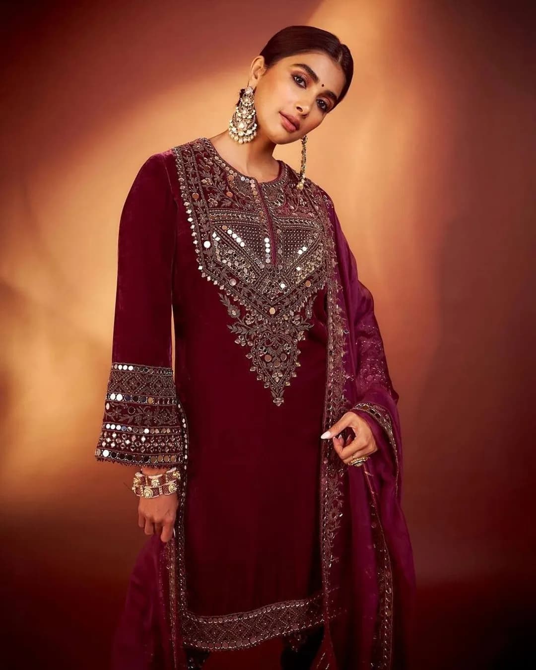 Winter Special Viscose Velvet Embroidered Top-Pant with Mirror Work and Organza Dupatta alternate view