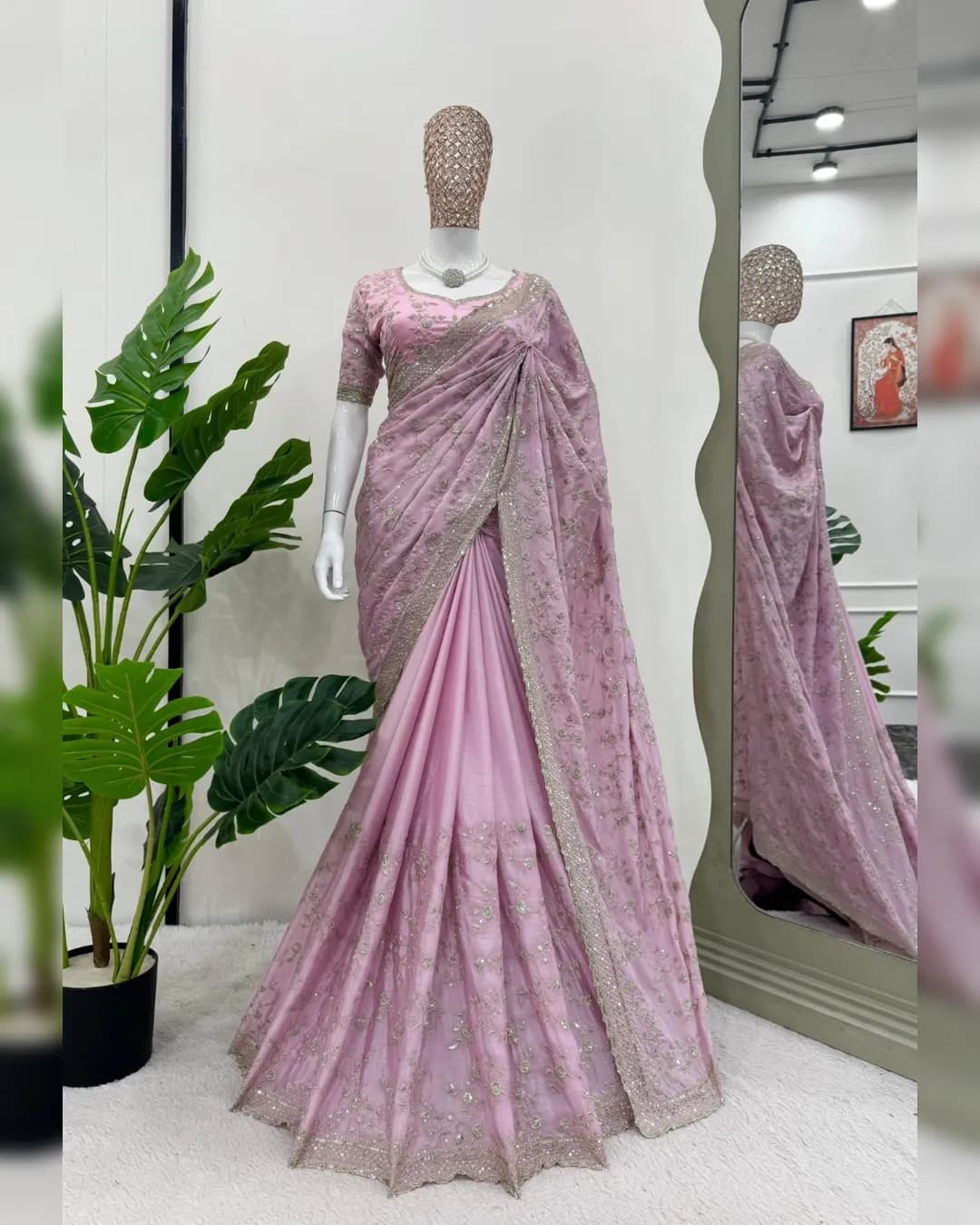 Heavy Chinon Silk Saree with Thread & Sequins Work and Matching Blouse