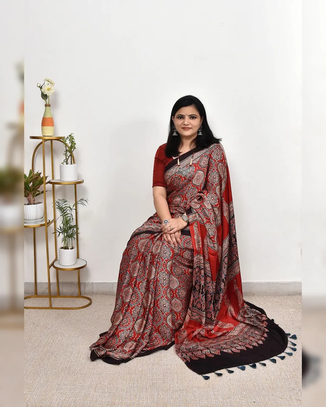 Ajrakh Digital Print Muslin Saree with Rich Glaze alternate view