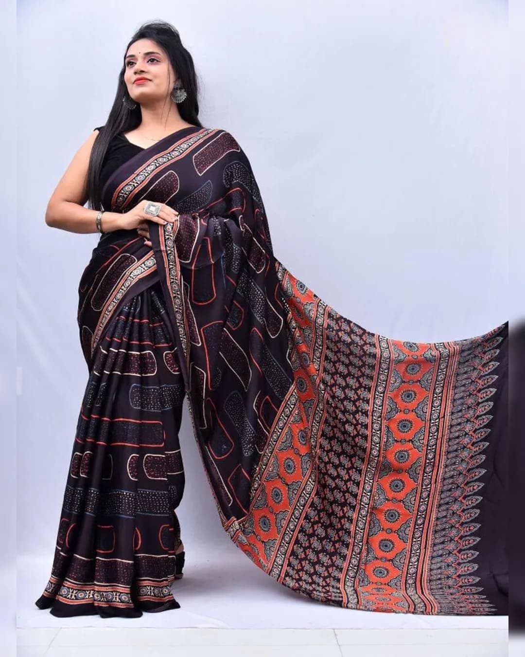 Ajrakh Digital Print Muslin Saree with Rich Glaze