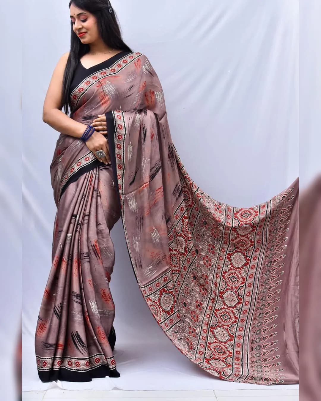 Ajrakh Digital Print Muslin Saree with Rich Glaze