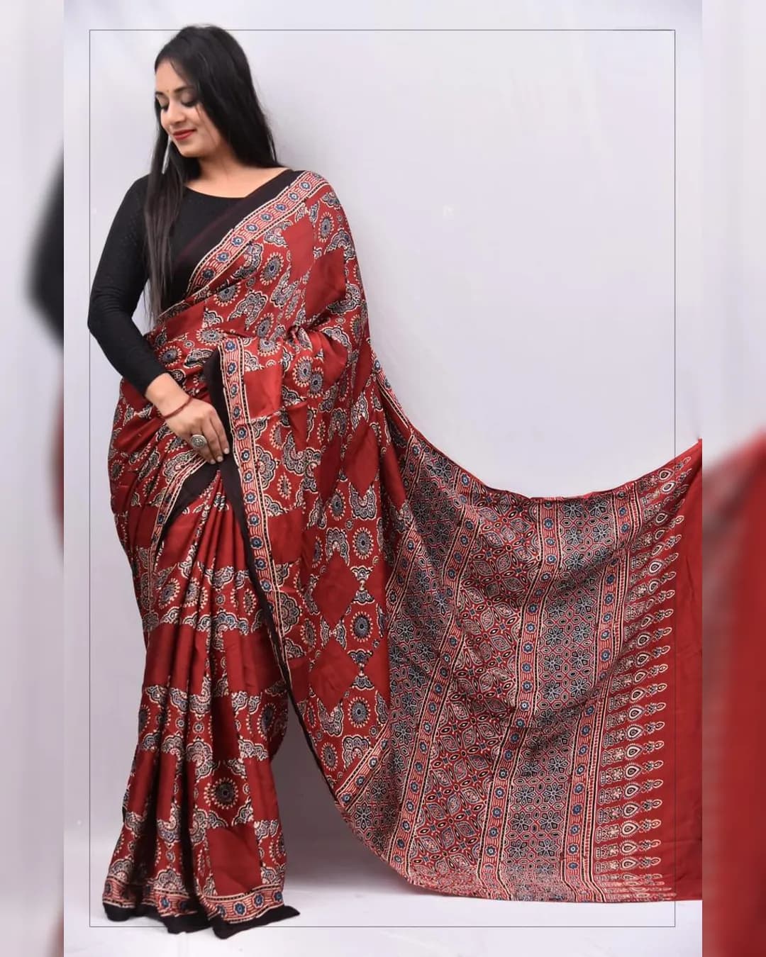 Ajrakh Digital Print Muslin Saree with Rich Glaze