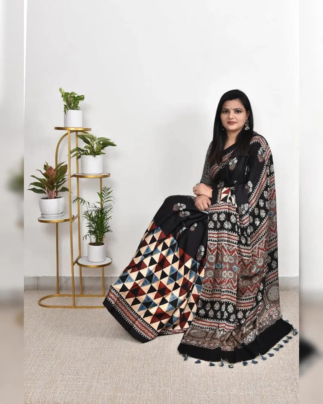Ajrakh Digital Print Muslin Saree with Rich Glaze alternate view