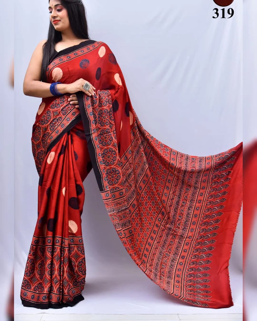 Ajrakh Digital Print Muslin Saree with Rich Glaze alternate view