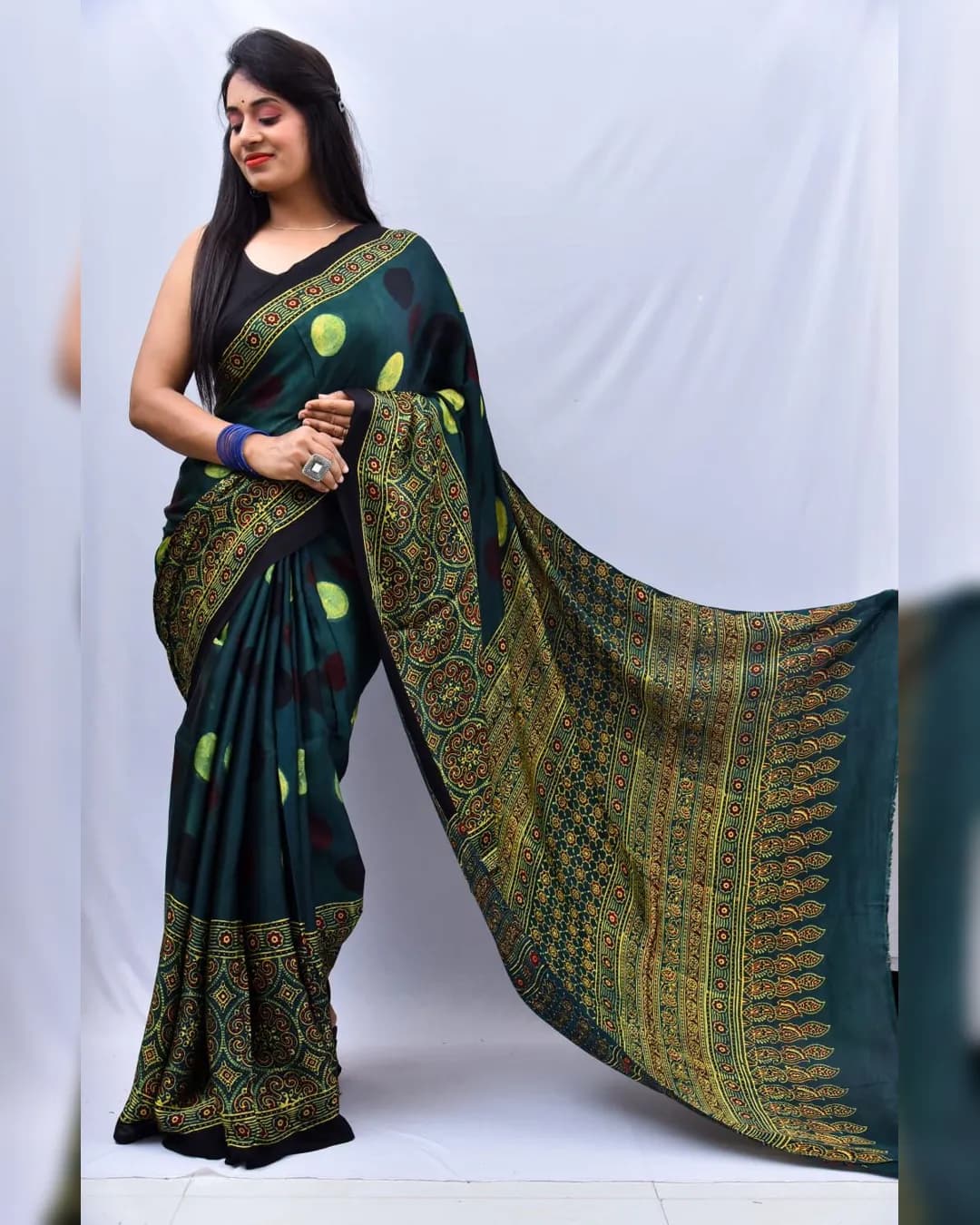 Ajrakh Digital Print Muslin Saree with Rich Glaze