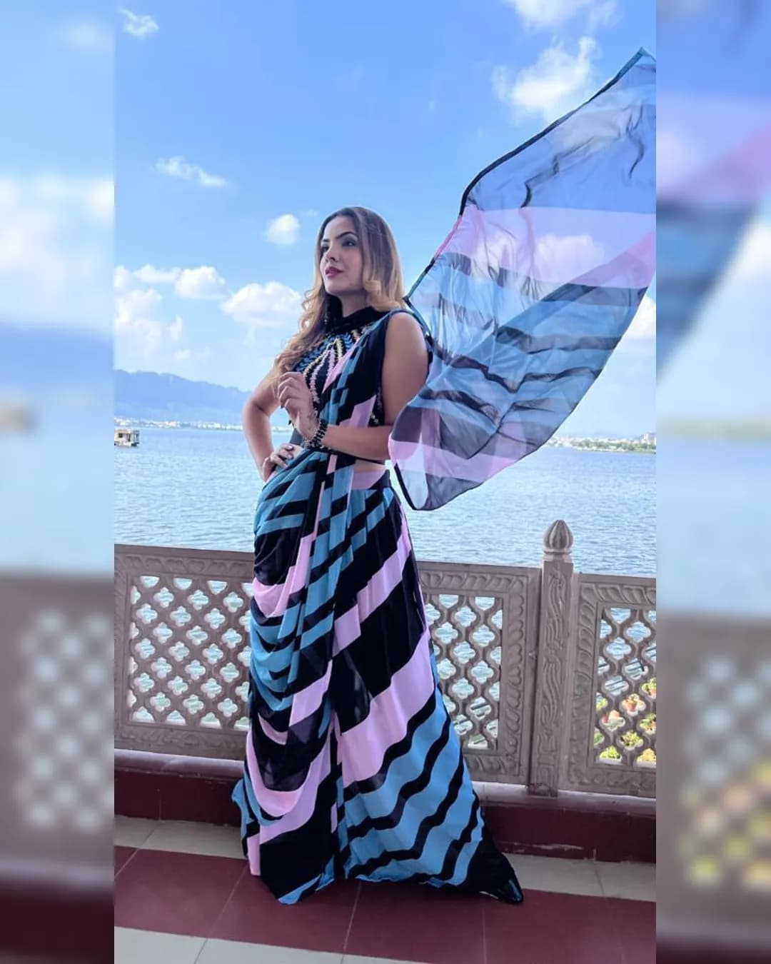 Exclusive Couture Designer Palazzo Drape Set with Embroidered Halter Neck Blouse alternate view