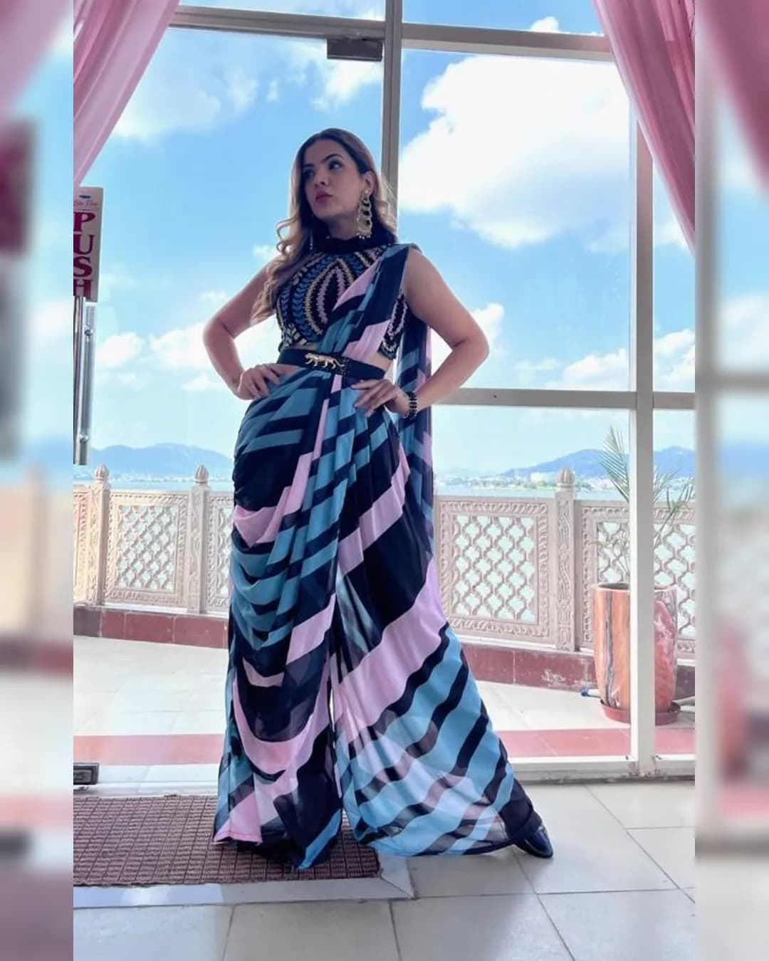 Exclusive Couture Designer Palazzo Drape Set with Embroidered Halter Neck Blouse