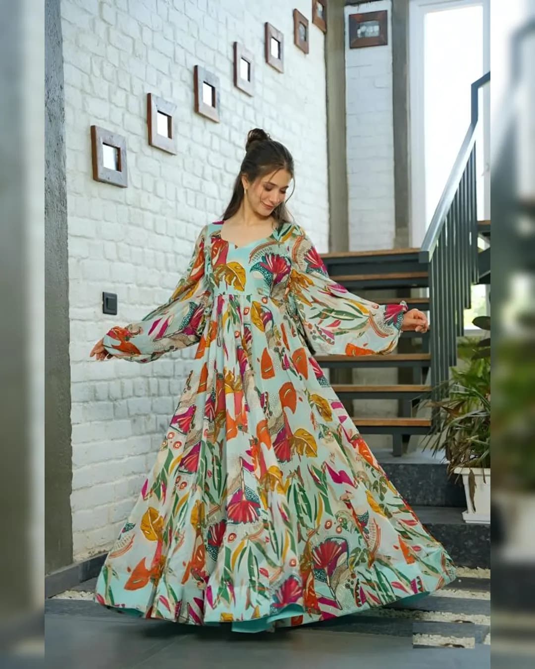 Floral Digital Printed Long Flared Georgette Gown in Sea Green