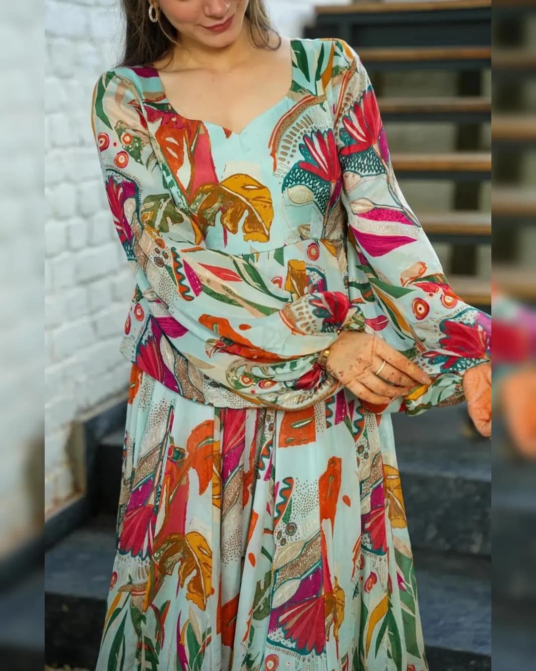 Floral Digital Printed Long Flared Georgette Gown in Sea Green alternate view