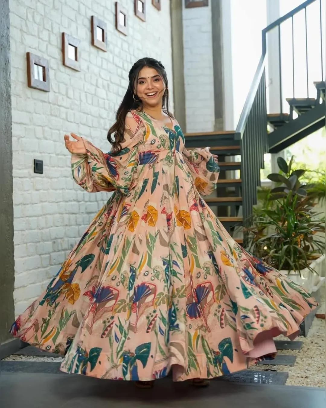 Digital Printed Peach Chinon Gown - Stylish and Comfortable