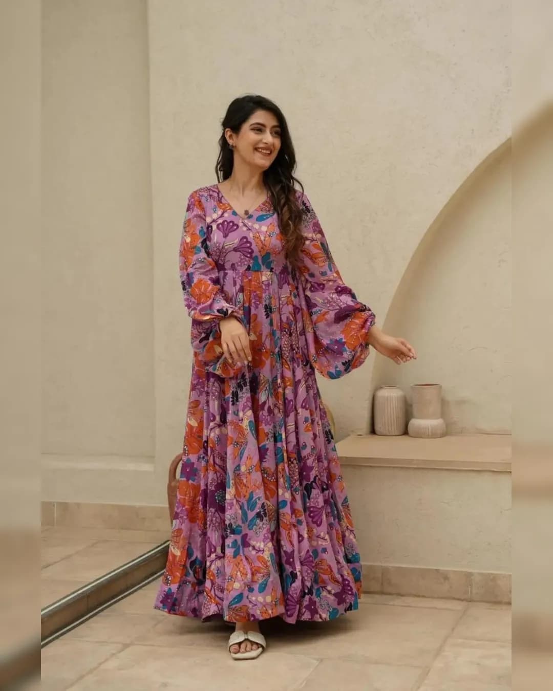 Digital Printed Pink Chinon Gown - Elegant and Comfortable alternate view