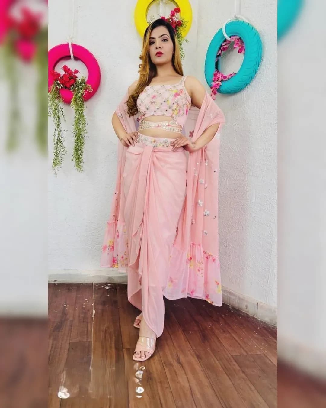 Glamorous Ready-to-Wear Sarong Dress - Foil Work with Waist Belt