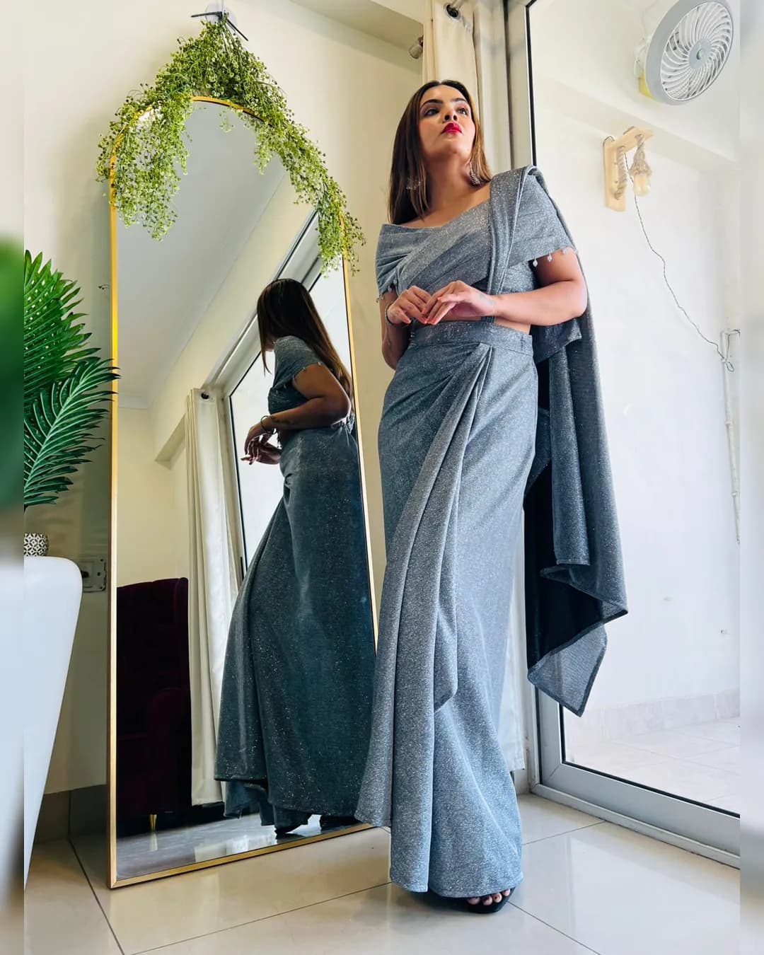 Grey Shimmer Sarong Drape with Poncho Top - Perfect for Sangeet & Cocktail alternate view
