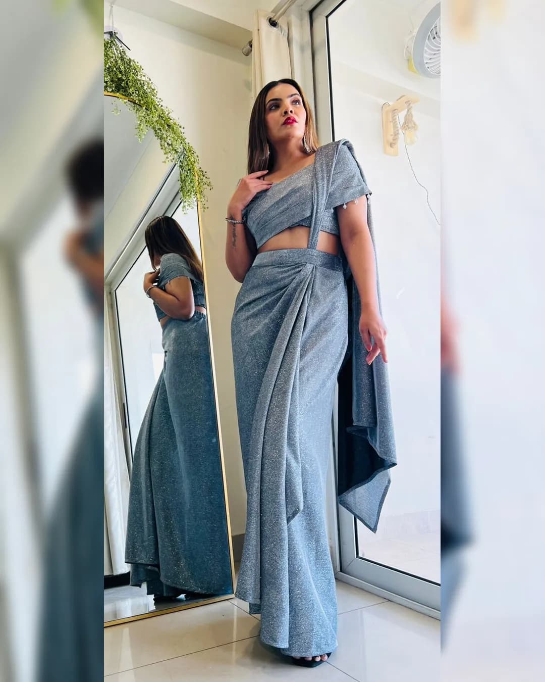 Grey Shimmer Sarong Drape with Poncho Top - Perfect for Sangeet & Cocktail
