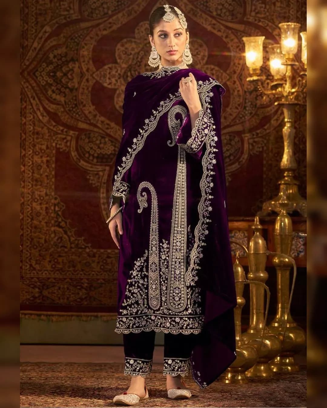 Winter Special Party Wear Velvet Ensemble with Embroidery Sequence Work – Top, Dupatta & Bottom
