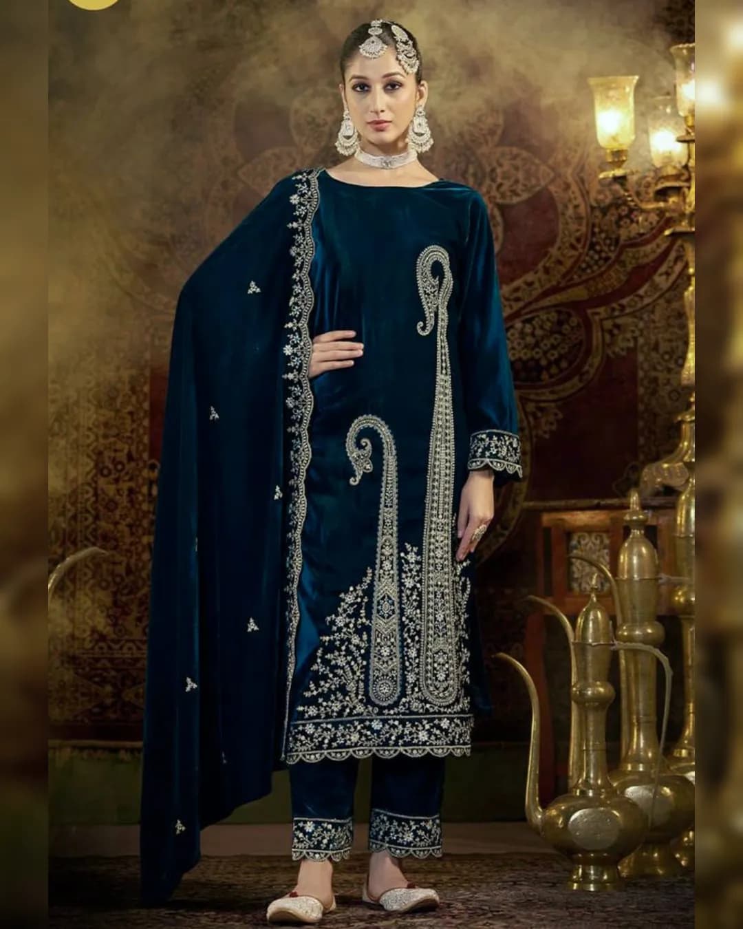 Winter Special Party Wear Velvet Ensemble with Embroidery Sequence Work – Top, Dupatta & Bottom alternate view