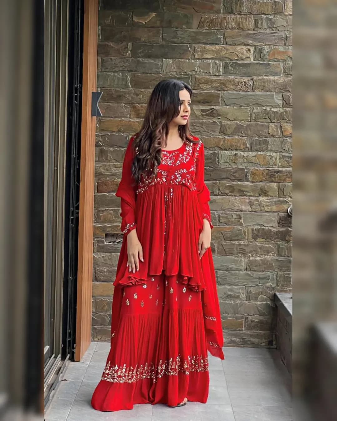 Designer Faux Georgette Suit with Thread Work – Top, Sharara, and Dupatta