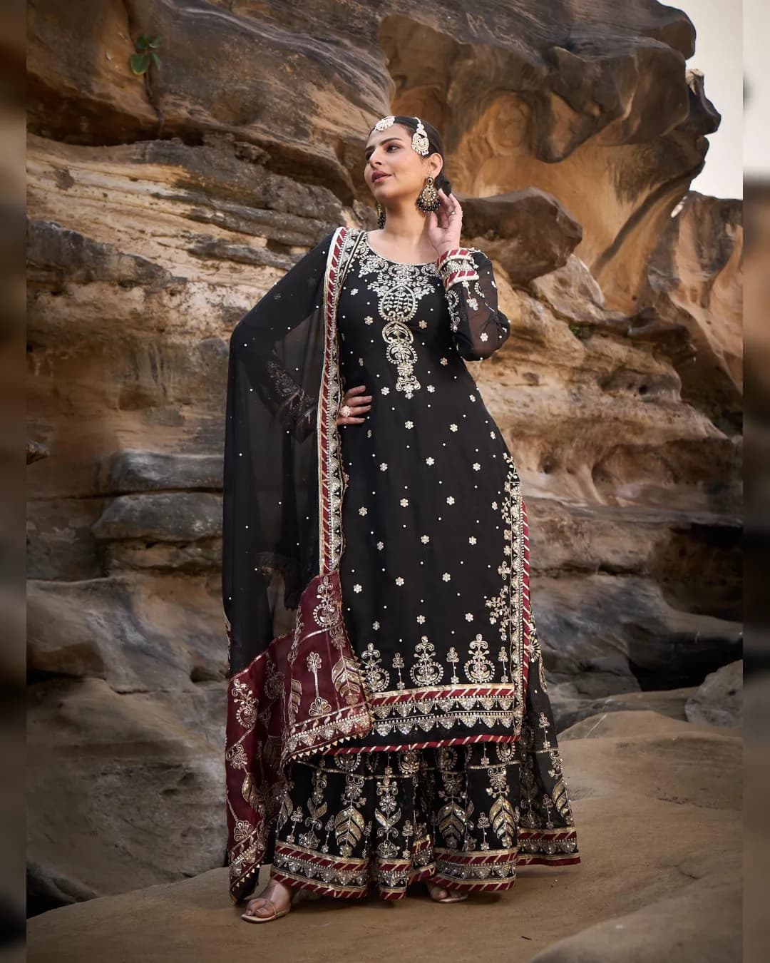 Glamorous Thread & Sequence Work Top-Sharara-Dupatta Set
