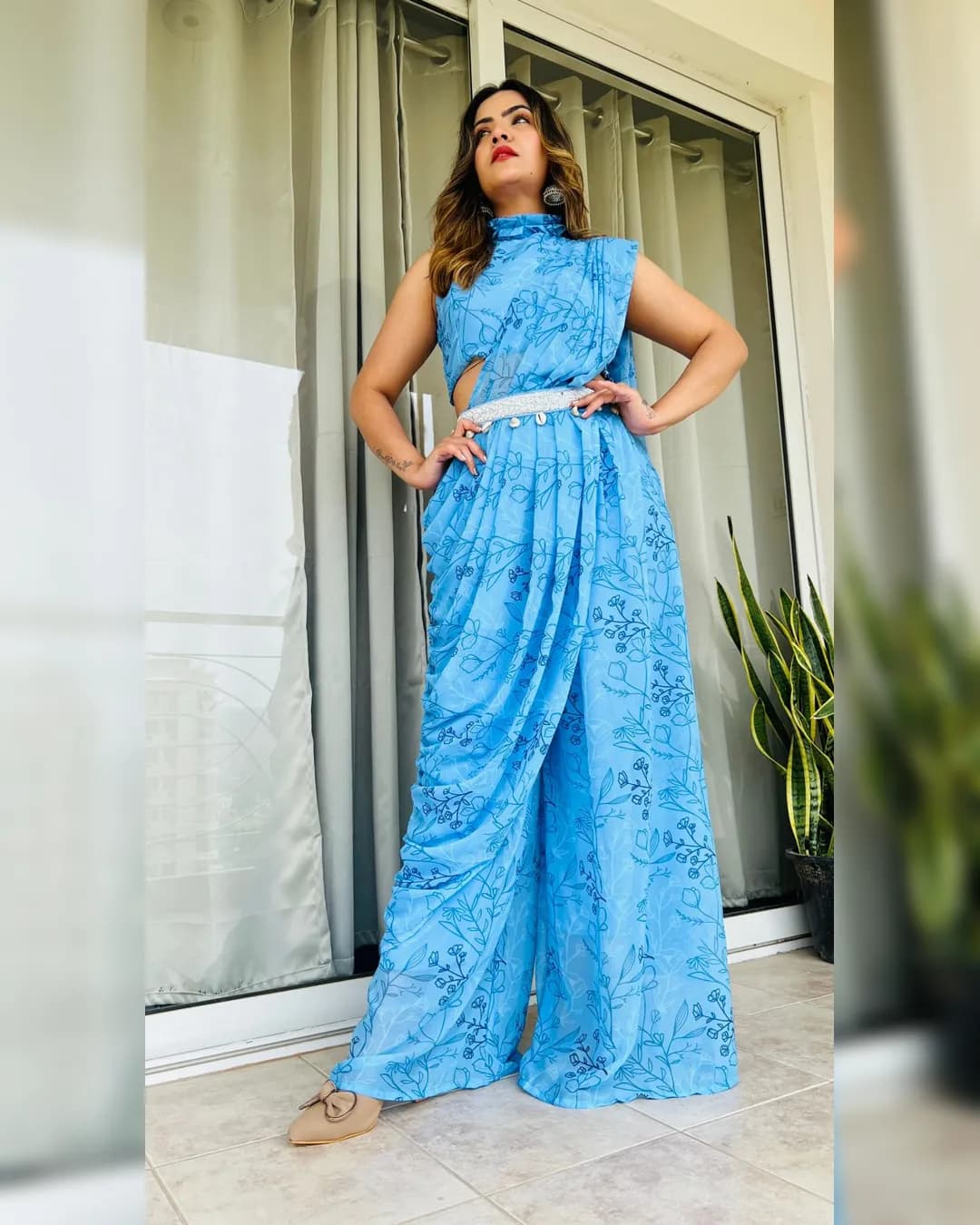 Floral Charm Palazzo Drape Saree with Handwork and Kaudi Waist Belt