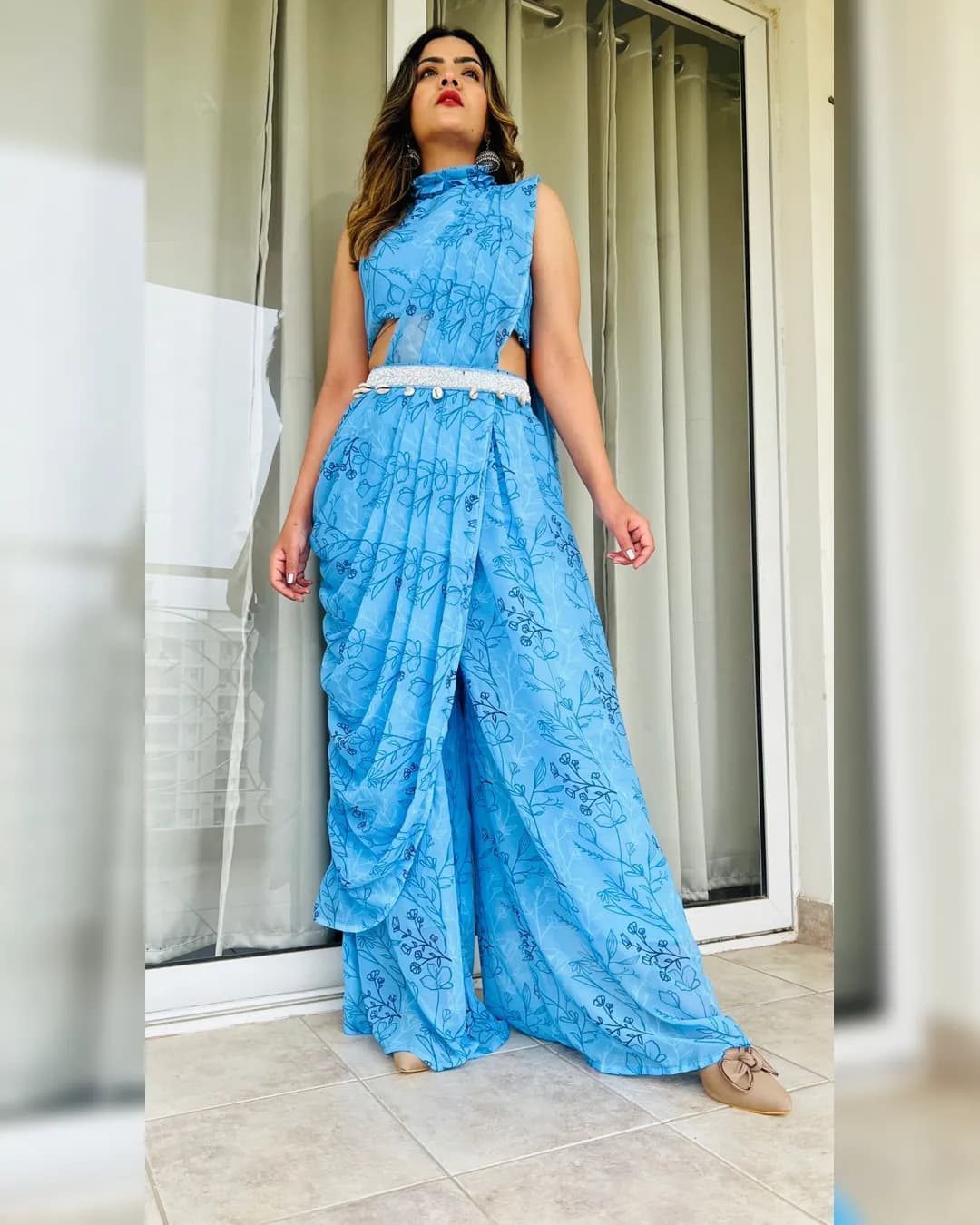 Floral Charm Palazzo Drape Saree with Handwork and Kaudi Waist Belt alternate view