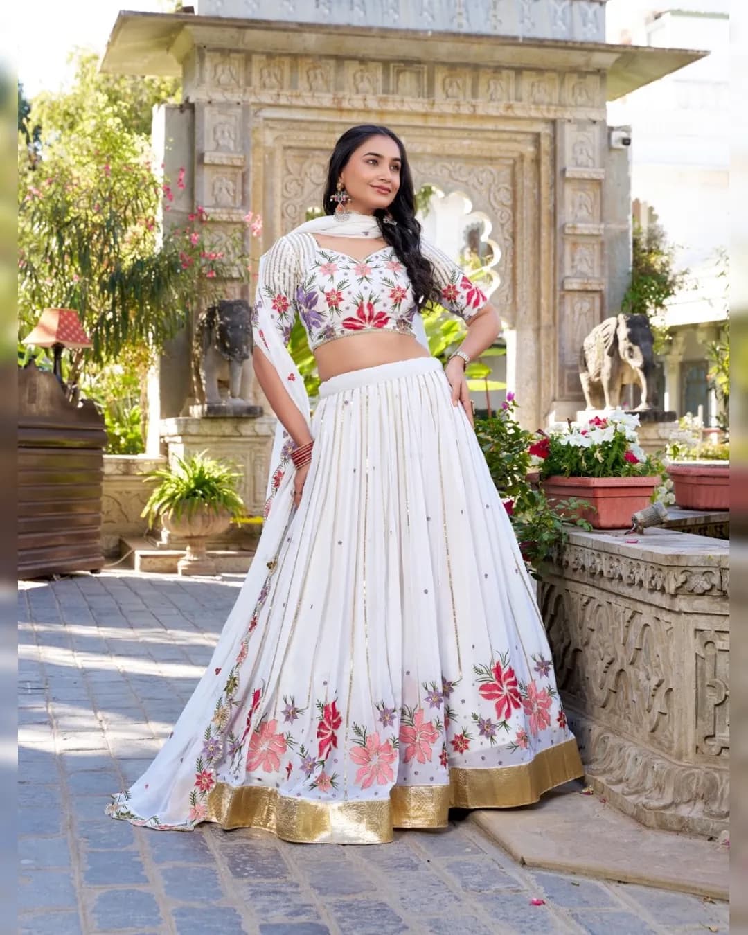 White Wonder Embroidered Georgette Lehenga Choli Set