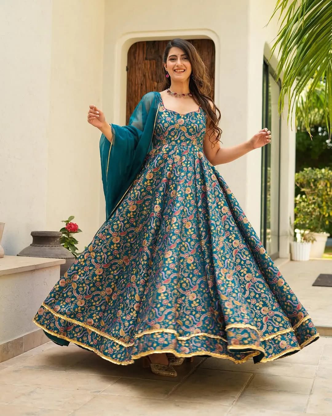 Elegant Digital Printed Anarkali Gown in Jimmy Organza Silk with Huge Flair & Stylish Dupatta