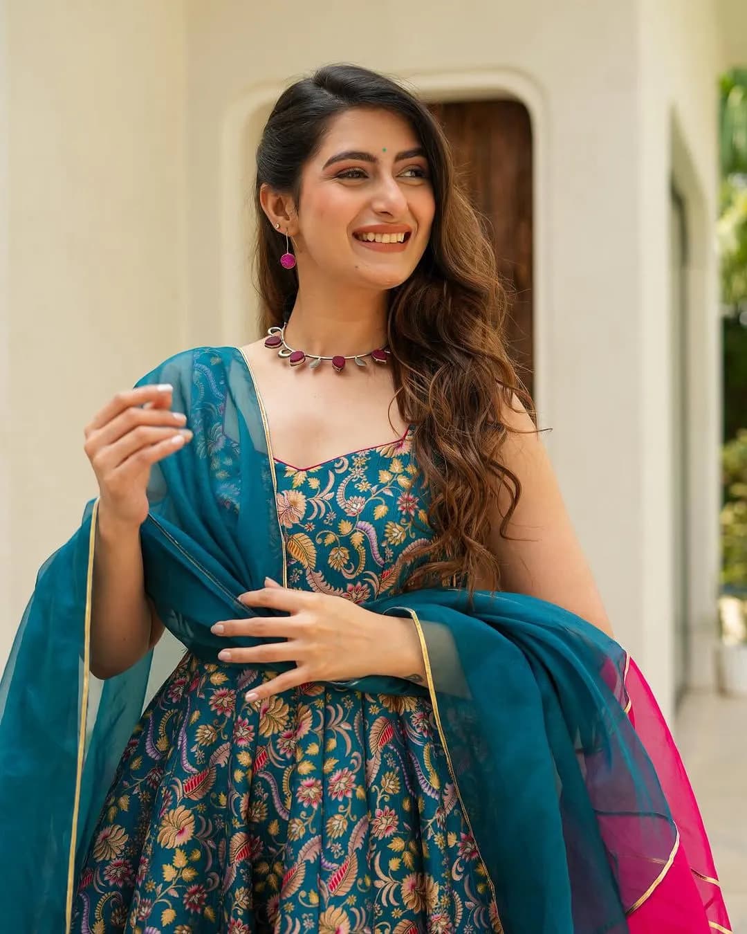 Elegant Digital Printed Anarkali Gown in Jimmy Organza Silk with Huge Flair & Stylish Dupatta alternate view