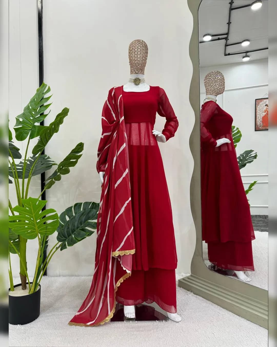Stunning Faux Georgette Gown, Plazo, and Digital Print Dupatta Set