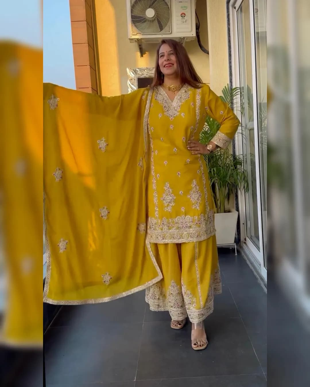 Designer Chinnon Silk Embroidered Top-Palazzo with Dupatta Set alternate view