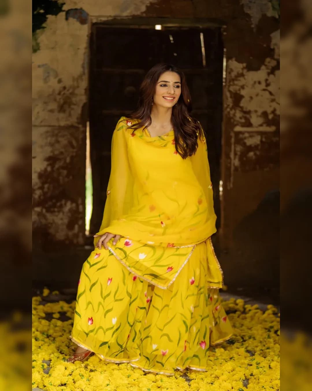 Haldi Special Floral Printed Organza Kurti Sharara & Dupatta Set