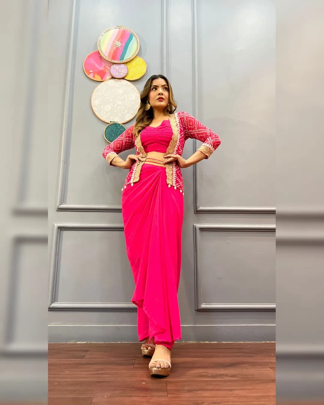 Dazzling Hot Pink Sharong Dress with Jacket