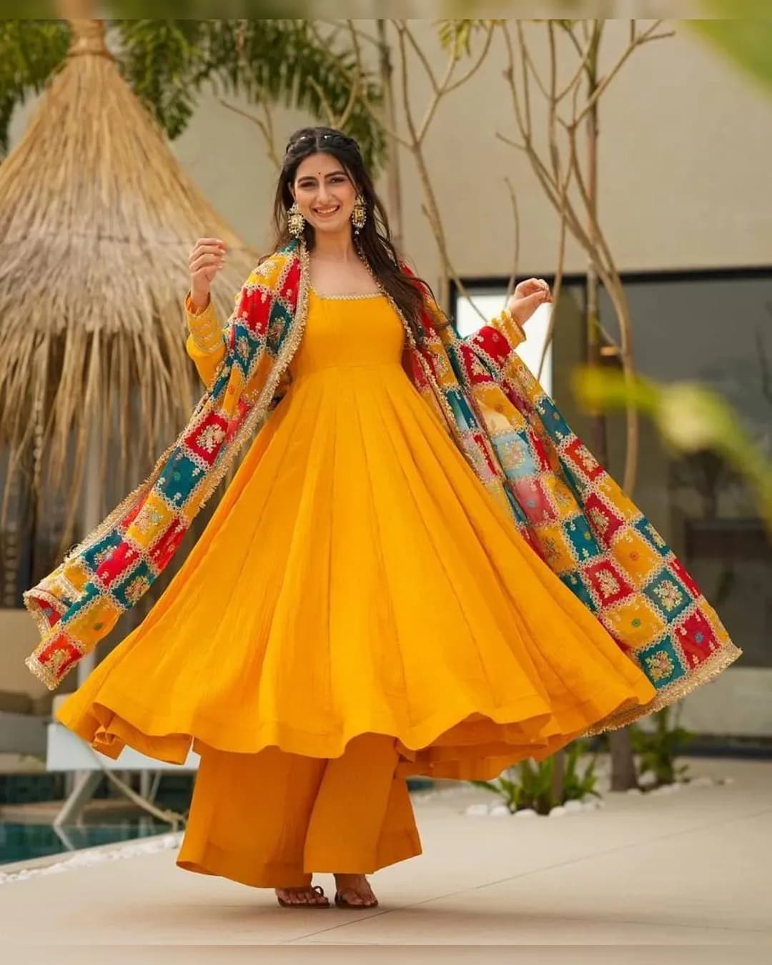 Haldi Special Chinon Silk Gown Plazo & Dupatta Set