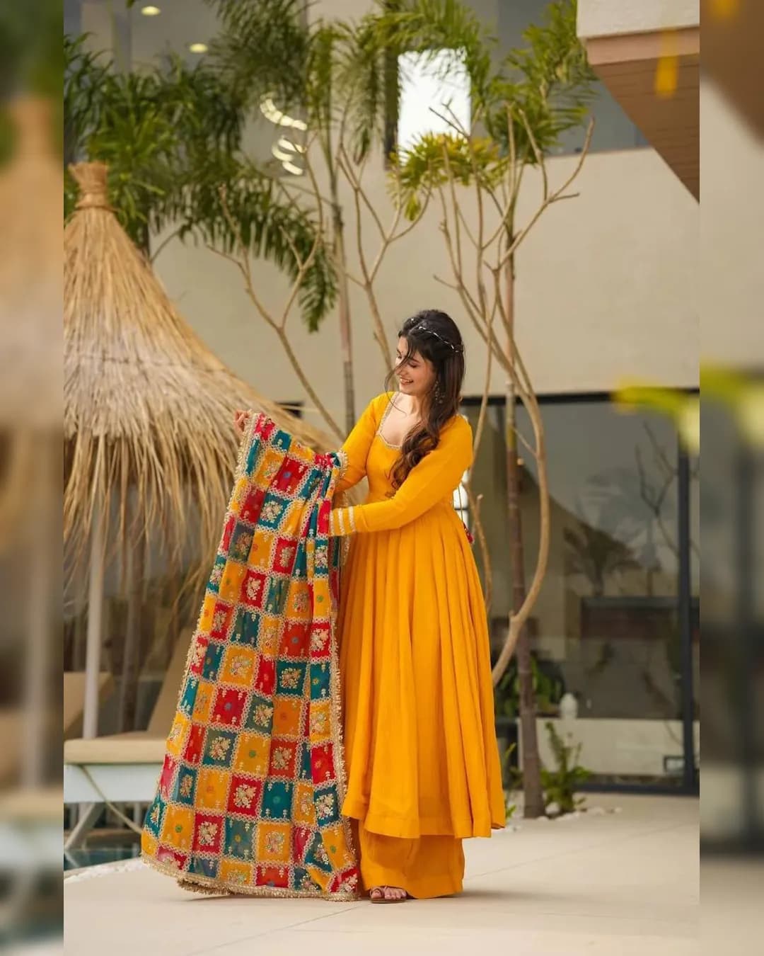 Haldi Special Chinon Silk Gown Plazo & Dupatta Set alternate view